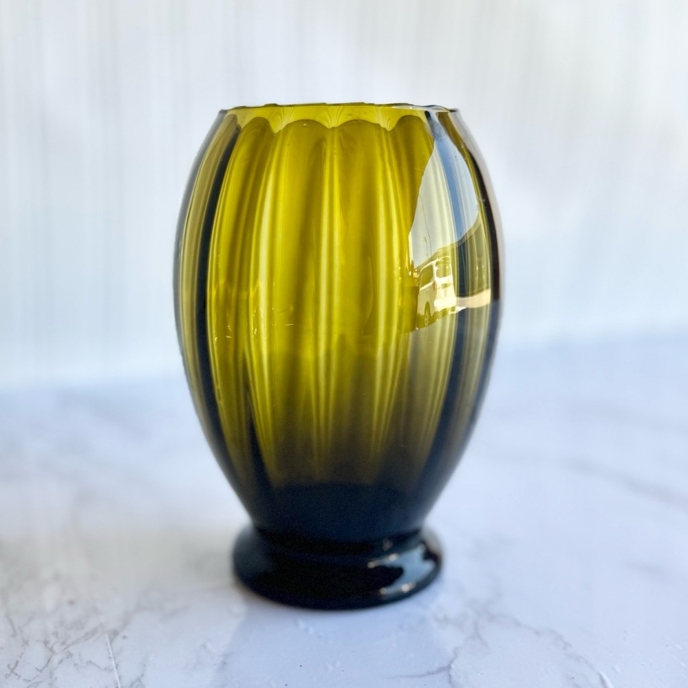 Vintage Midcentury modern Empoli glass olive green optic vase